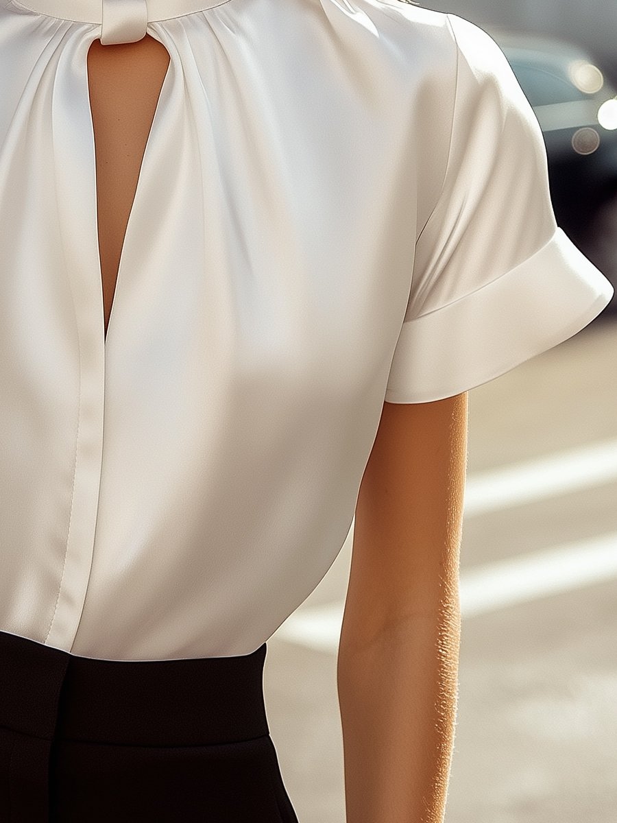 Sophisticated White Satin Blouse with Modern Keyhole Neckline