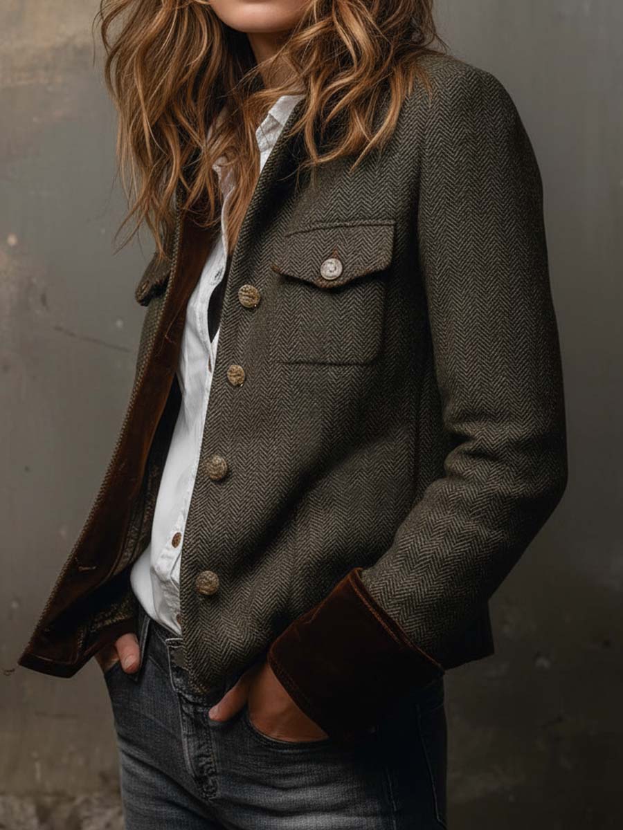 Evangeline | Herringbone Jacket with Contrast Cuffs for Women