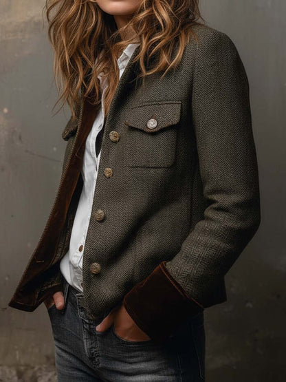 Evangeline | Herringbone Jacket with Contrast Cuffs for Women