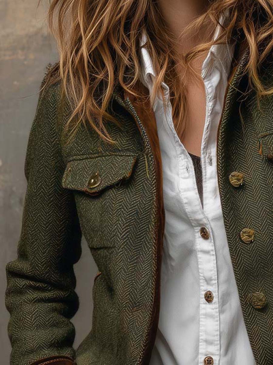 Evangeline | Herringbone Jacket with Contrast Cuffs for Women