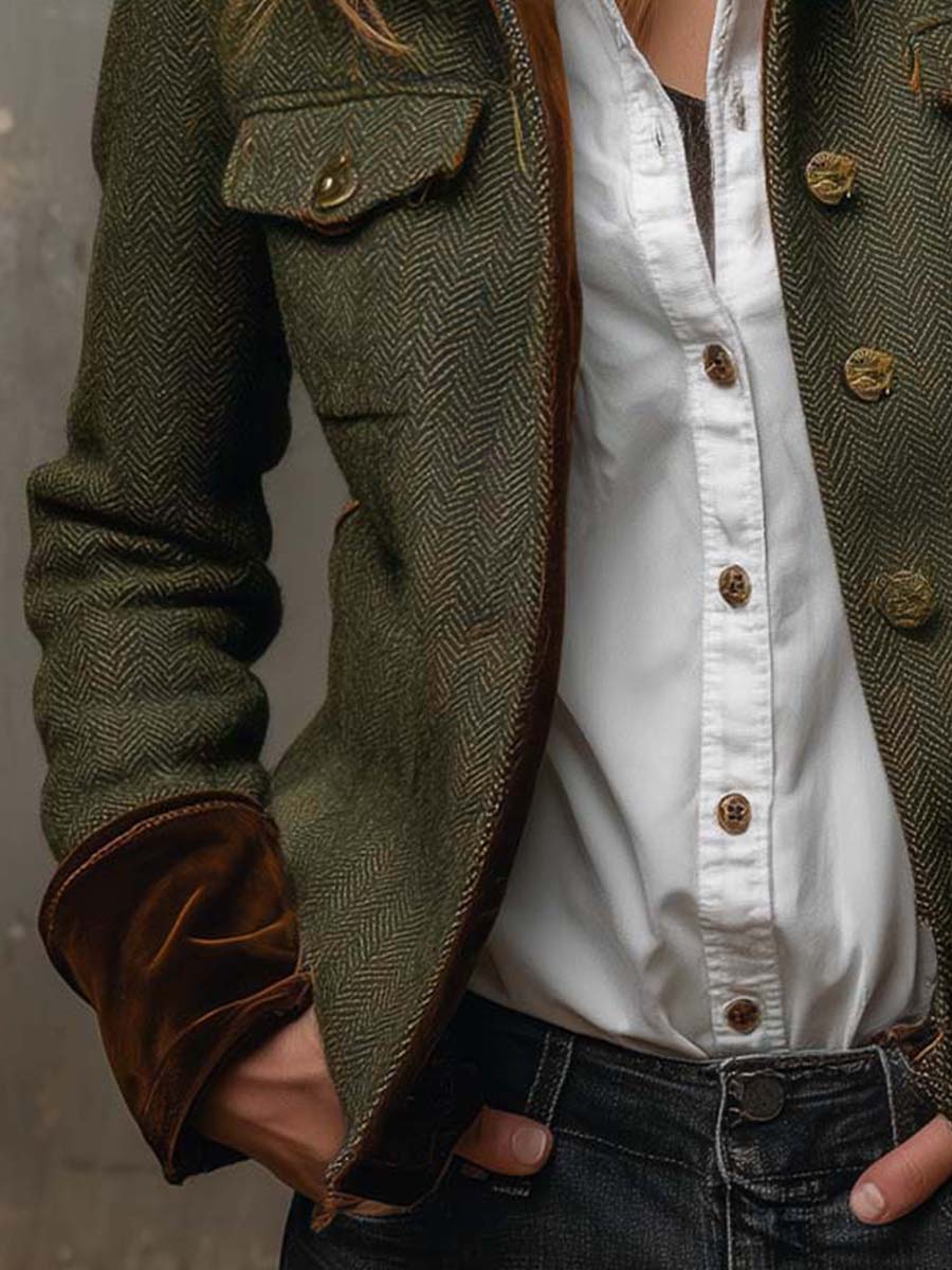Evangeline | Herringbone Jacket with Contrast Cuffs for Women