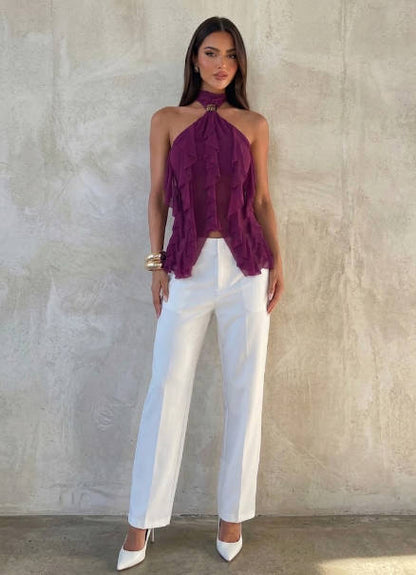 Ruffled High-Neck Sleeveless Chiffon Blouse