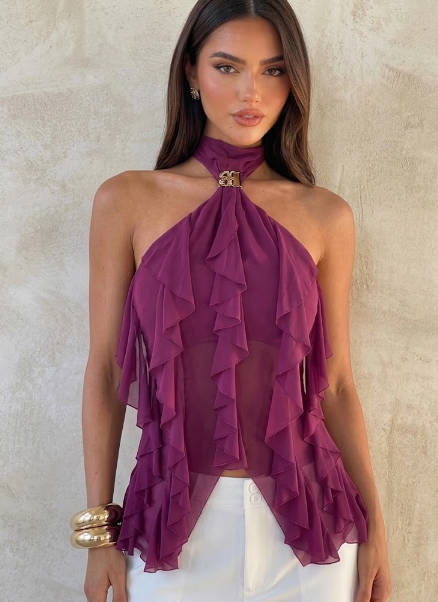 Ruffled High-Neck Sleeveless Chiffon Blouse